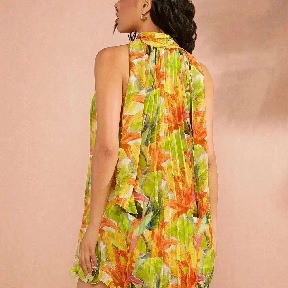 Multicolor Boho Women's Tropical Pleated Neck Detail Dress - Picture 2 of 6